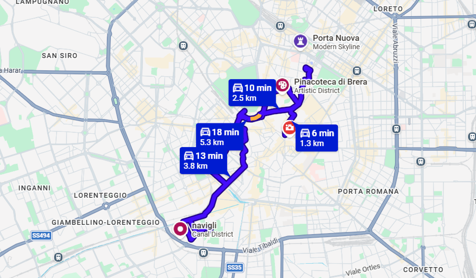 Map of central Milan marking the Duomo, Brera, the Navigli and Sforza Castle