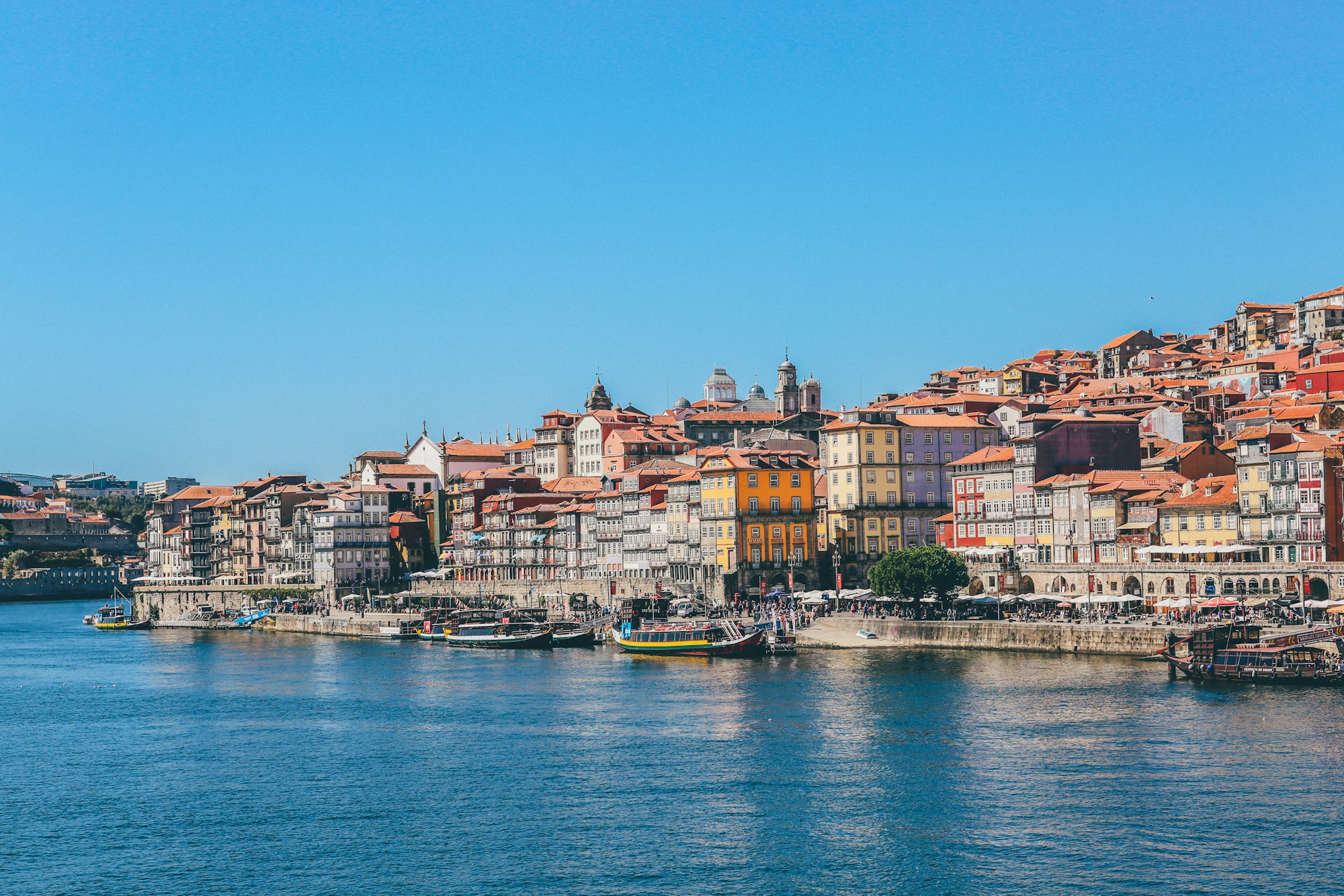Rabelo boats on the Douro below the houses of Ribeira in Porto